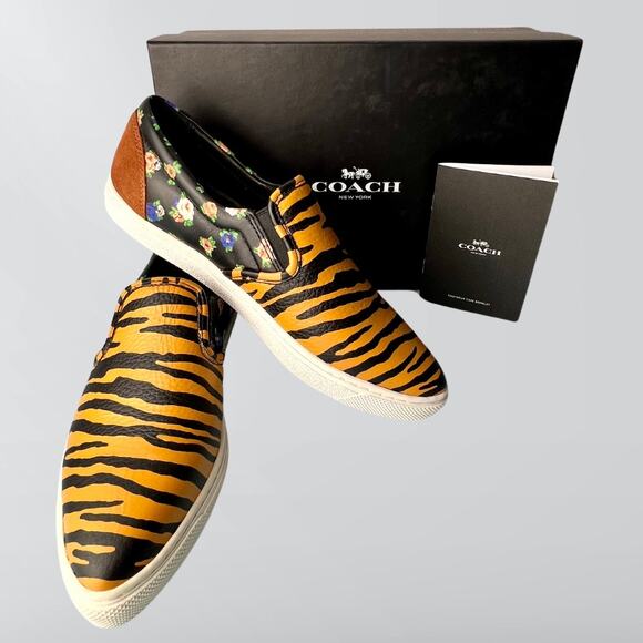 New Coach C103 Tiger Print & Floral Smooth & Pebbled Leather Pointy Toe Slip On - Picture 1 of 11